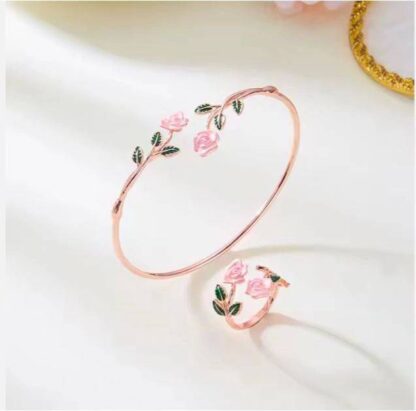 Rose Flower Shaped Bracelet Ring Set - Image 2